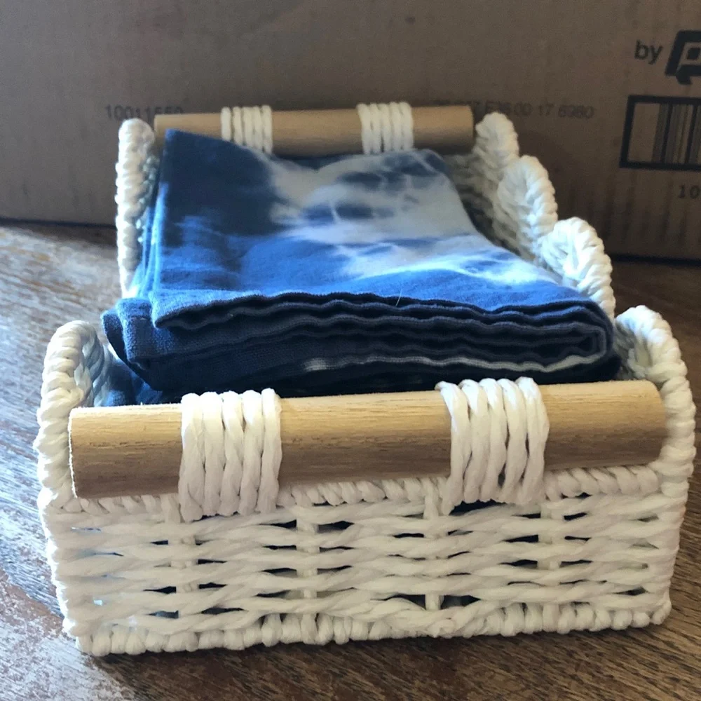 Blue Tie-Dye Cotton Napkins & White Wicker Napkin Holder set - Home Accents